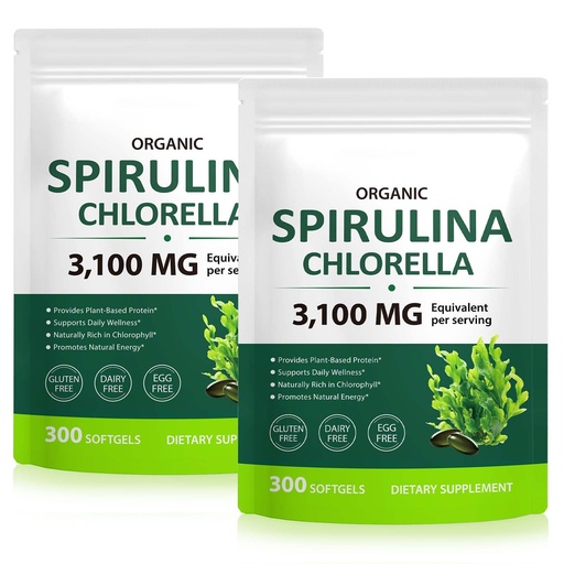 [BRSRGYIBAEBBYFLJ] Spirulina Chlorella Capsules, 3000MG Per Serving,17-in-1 Supergreens Blend Rich in Vegan Protein, Chlorophyll, Vitamins, Supports Energy, Immune & Gut Health, Easy Absorption,300 Softgels