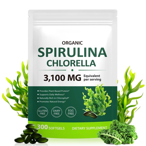 [BRSRGYYQAEJWMFLV] Spirulina & Chlorella Supergreens Softgels, 17-in-1 Supergreens Blend, Plant-Based Protein, Naturally Rich in Chlorophyll, Gluten Free, Dairy Free, Egg Free