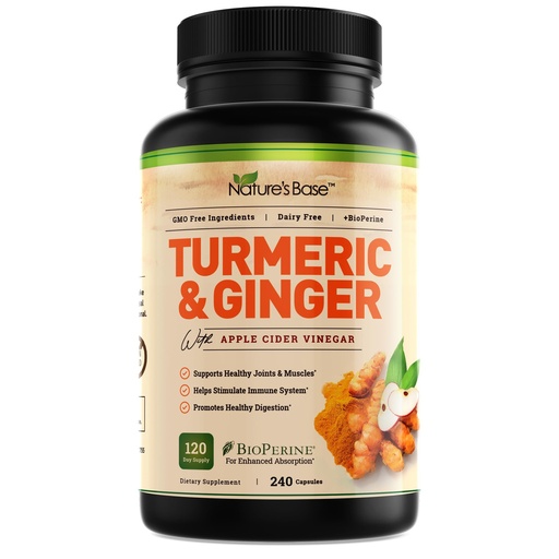 [BRSRMFA3C4AQ4HTA] Nature's Base Turmeric and Ginger Supplement - with Curcumin, Apple Cider Vinegar & BioPerine Black Pepper Extract - 95% Curcuminoids - 240 Capsules
