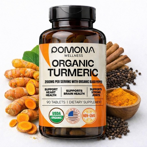 [BRSREZ34PJ7REETD] Pomona Wellness Organic Turmeric Supplement 2100 mg, USDA Organic, Non-GMO, Vegan, Turmeric Curcumin with Black Pepper for Absorption, for Joint Support and Immunity, 90 Tablets
