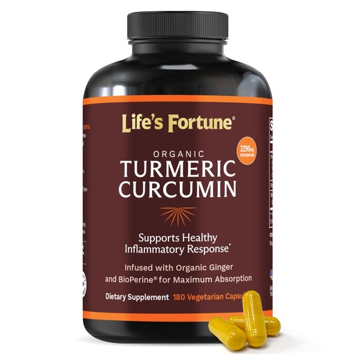 [BRSWGAITA4NWOHY3] Life's Fortune Organic Turmeric Curcumin with Black Pepper and Ginger, Enhanced Absorption, Extra Strength Supplement, Joint & Immune Support, Non-GMO, 180 Cap - 2250mg