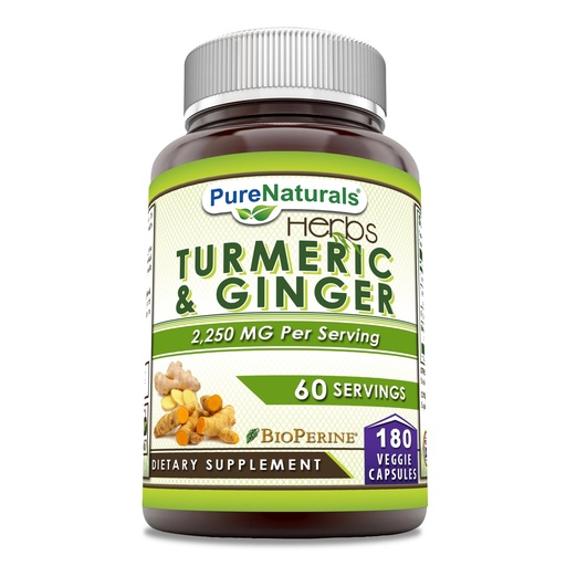 [BRSROBD3O4BROHT2] Pure Naturals Turmeric Curcumin & Ginger with BioPerine 2250 mg Per Serving 180 Veggie Capsules | Non-GMO | Gluten Free | Made in USA