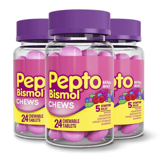 [BRSW2BL2CMNAIG3Z] Pepto Bismol Chews, Fast and Effective Digestive Relief from Nausea, Heartburn, Indigestion, Upset Stomach, Diarrhea, Berry Mint Flavor, 72 Total (3 Packs of 24)
