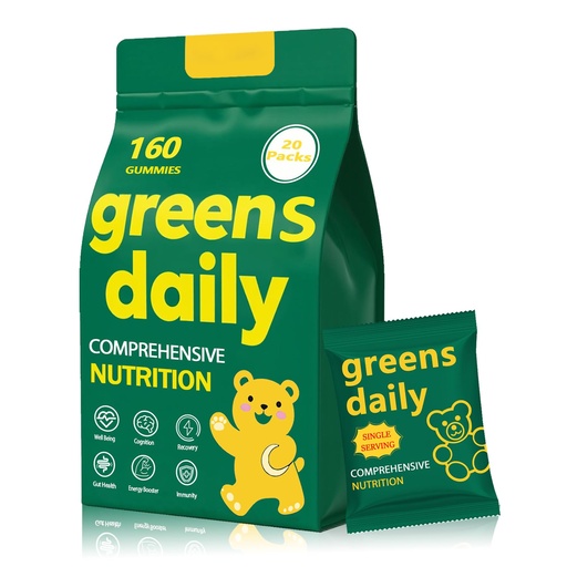 [BRSREZYHDMNQ43YY] Greens Gummies, Daily Greens Gummies with Organic Chlorella and Spirulina, Digestive & Gut Health, Low Sugar, Formulated with 60+ Ingredients, Individual Packets,160 Gummy Bear