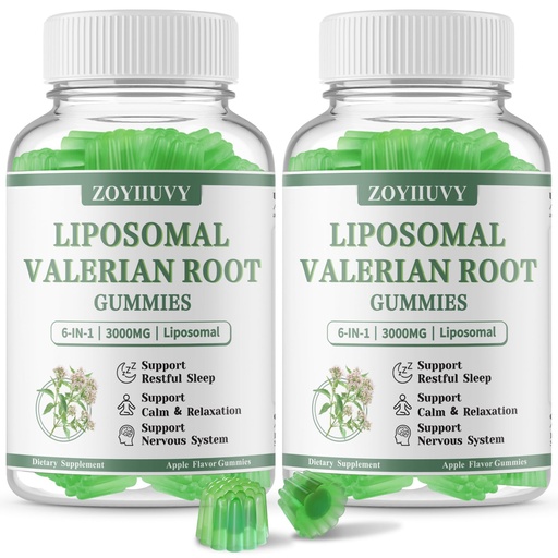 [BRSRGBIECUHAO33V] 2 Pack Liposomal Valerian Root Gummies, Natural Herbal Supplements for Calm & Relaxation, Natural Sleep Support for Adults & Kids, Melatonin Free, Vegan, Non-GMO, Gluten Free, Apple Flavor, 120 Count