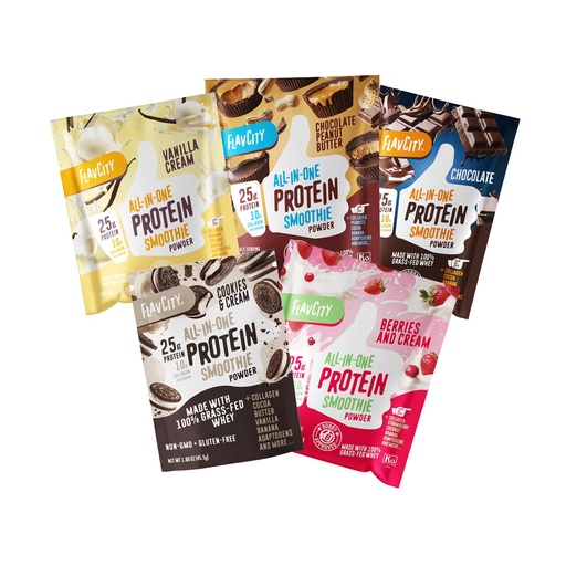 [BRSRGBTYCV6GMCL2] FlavCity All in One Protein Shake Powder Packets - On the Go Meal Alternative + 25g Protein & 10g Collagen, Made with Organic Reishi & Cordyceps Mushrooms - No Added Sugars, Variety 10 Pack