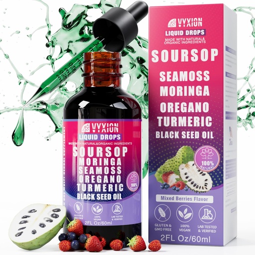 [BRSRECD6CQFAKDYY] Soursop Bitters Liquid Drops 10 in 1 with Sea Moss, Moringa, Turmeric, Black Seed Oil, Oregano, Ashwagandha | Herbal Extracts for Overall Health-Enhancing |Vegan, Non-GMO| 2 Fl Oz(Mixed Berry Flavor)