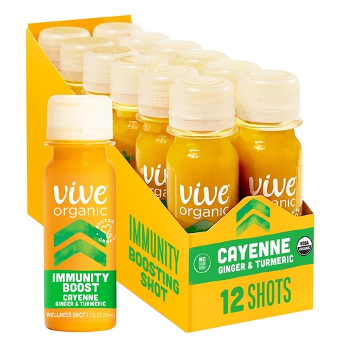 [BRSWYZQYOZ5WO3LK] Vive Organic Immune Support Shot, Cold-Pressed Ginger, Turmeric & Cayenne, Gluten Free, Vegan, Immunity Boost Cayenne, 2 Fl Oz (Pack of 12)