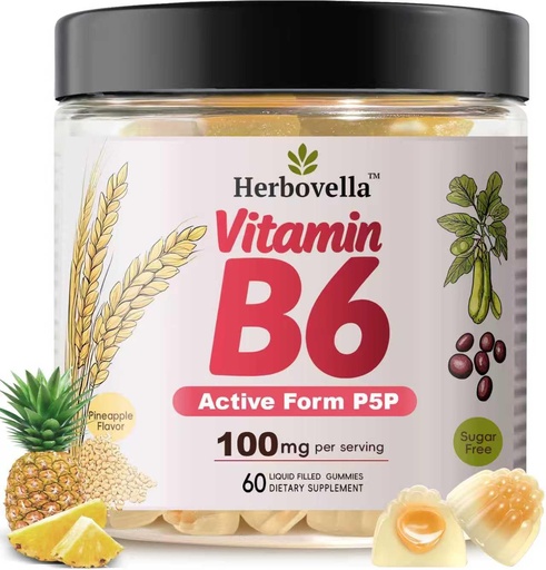 [BRSRECTYDEFRA3DJ] Vitamin B6 Gummies 100mg, Vitamin B6 Supplement P5P for Energy & Nervous System, Sugar Free, Vegan, 60 Liquid-Filled Gummies.