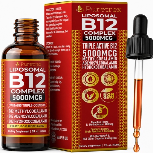 [BRSRGGD7CIPBMHTX] Liposomal Vitamin B12 Liquid Drops 5000mcg, Triple Active B12 Complex with Folate, B6, Biotin & Zinc, Vegan Berry Mint Formula, 60ml