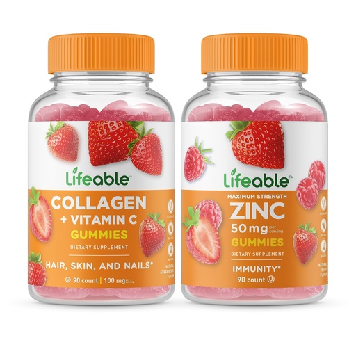 [BRSROFAQCMMAGAAZ] Lifeable Collagen & Vitamin C + Zinc 50mg, Gummies Bundle - Great Tasting, Vitamin Supplement, Gluten Free, GMO Free, Chewable Gummy