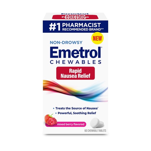 [BRSROYADBZ6AIDT6] Emetrol Non-Drowsy Nausea Relief - Chewable Medicine for Upset Stomach - Pharmacist Recommended Nausea Relief - Mixed Berry Flavor, 60 Tablets