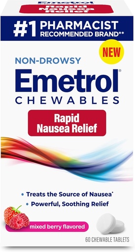 [BRSROYADBZ6AIDT6] Emetrol Non-Drowsy Nausea Relief - Medicina Mastigável para Estômago Perturbado - Farmácia Recommended Nausea Relief - Mixed Berry Flavor, 60 Comprimidos