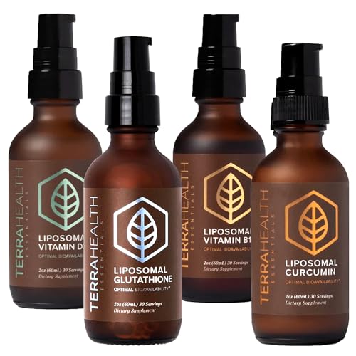 [BRSRYZQYCEFQAELF] Terra Health Essentials 4-Pack Liposomal Supplement Bundle - Glutathione, Curcumin, Vitamin D3+K2 & Vitamin B12 - Antioxidant, Energy, Immune & Active Aging Support - 2oz Each, 30 Day Supply