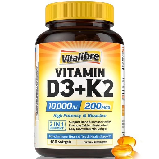 [BRSREFQPBEBGGFI3] Vitalibre Vitamin D3 K2 Supplement, 10000 IU D3 / 200 mcg K2 MK7, Calcium Absorption, Bone, Heart, Immune & Mood Support, Enhanced Absorption, No Soy, Easy to Swallow, 180 Softgels