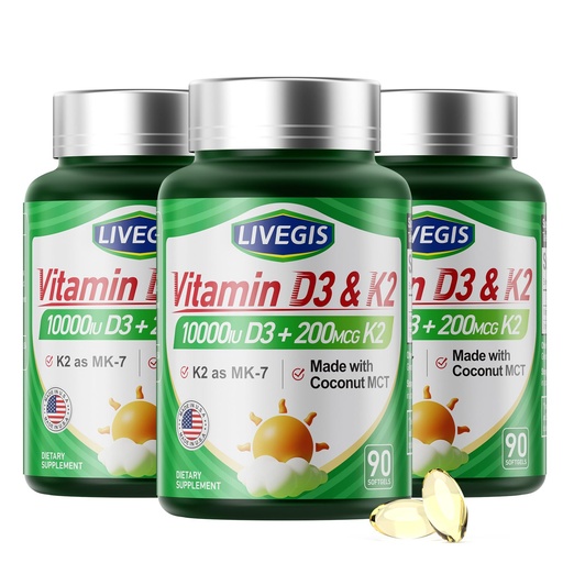 [BRSRAGL2BV7GGA3F] Vitamin D3 K2 Softgels, Vitamin D3 10000 IU with K2 (MK-7) 200 mcg with Coconut Oil Softgels, Easy to Swallow 2 in 1 Vitamins D & K Combo * 3 Packs (270 Counts)