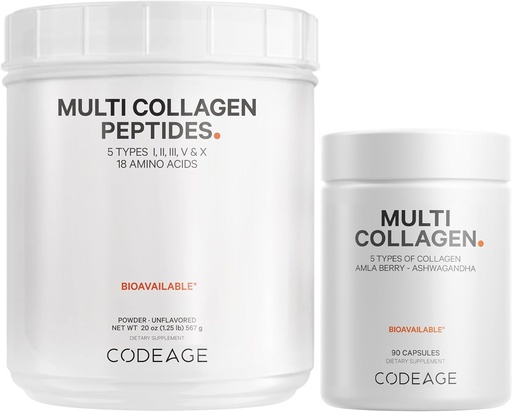 [BRSWYBL2BUHWKDT5] Codeage Multi Collagen Protein Capsules & Multi Collagen Protein Powder Bundle | Multi Collagen Pills, Collagen Types I, II, II, V & X, 90 Count | Multi Collagen Peptides - Pure, Hydrolyzed, 20 oz