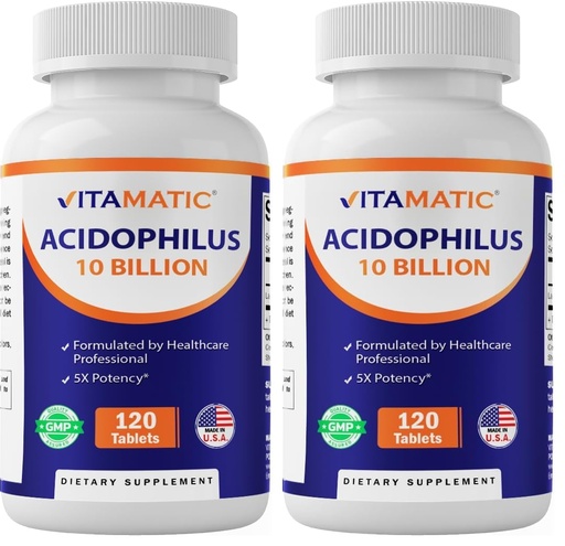 [BRSREAA6CMNRO3DA] Vitamatic Acidophilus Probiotic - 10 Billion CFU - 5X Potency - Daily Probiotic Supplement, Supports Digestive Health - 120 Tablets (Pack of 2)
