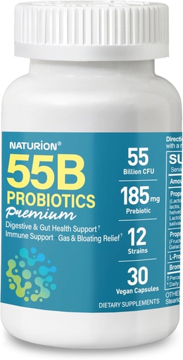 [BRSRABQDCJ7WCH3K] 55B Probiotics Premium - 55 Billion CFU, 12 Strains, 185mg Prebiotic - Immune Support, Digestive & Gut Health - Supports Occasional Constipation, Gas & Bloating - 30 Vegan Capsules, 30 Day Supply