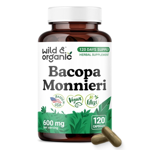 [BRSRAHA3BMMQGG3H] Wild & Organic Bacopa Monnieri Capsules 600 mg - Brain Support - Natural Bacopa Supplements - Brahmi Capsules - 120 Days of Supply - Vegan, No Fillers, Non-GMO - 120 Count