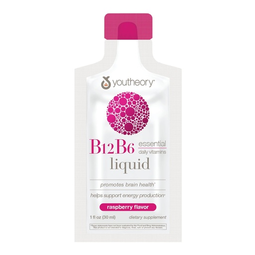 [BRSRYYYNAUHGY3LP] Youtheory Vitamin B12 B6, Daily Energy and Brain Support Supplement, Liquid Raspberry Flavor, 1oz Single Serving Packets, 12 Count (Pack of 2)