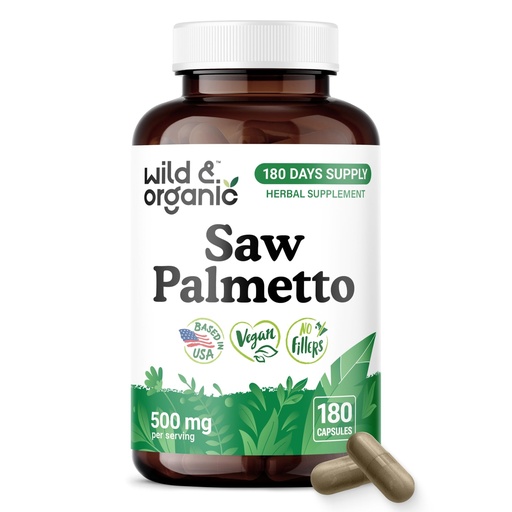[BRSRAHA3BN5ROAY2] Wild & Organic Saw Palmetto Capsules 500 mg - Urinary Tract Support for Men & Women - Pure Saw Palmetto Supplement - Serenoa Repens Berries - 180 Days of Supply - Vegan, Non-GMO - 180 Count