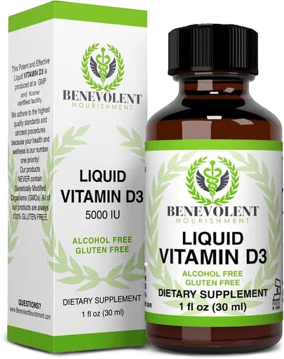 [BRSWKELQPMBQ4AA7] Benevolent Nourishment Vitamin D3 Drops 5000 IU - Potent & Effective 1000 IU per Drop - Fast Absorbing Liquid Dietary Supplement - 100% Alcohol & Gluten Free