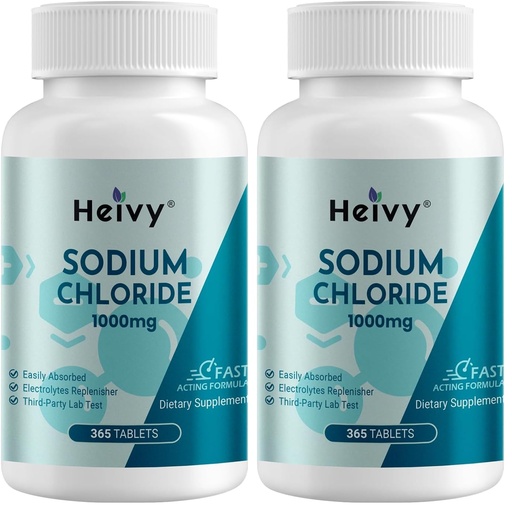 [BRSRGGQKDN7GOC3F] Heivy Sodium Chloride Capsules 1000mg - Pure Salt-Tablets, 365 Tablets, Sodium Chloride, Non-GMO - Electrolyte Balance and Hydration Support, Electrolytes Replenisher Hydration Drink, (Pack of 2)