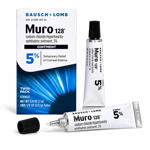 [BRSWIYY7PIOAKFTI] Bausch + Lomb Muro 128 Ointment, Temporary Relief of Corneal Edema, Eye Care, Sodium Chloride Hypertonicity Ophthalmic 5% Ointment, Twin Pack, Two 3.5 g (0.12 Oz) Tubes, 0.25 Ounce Total