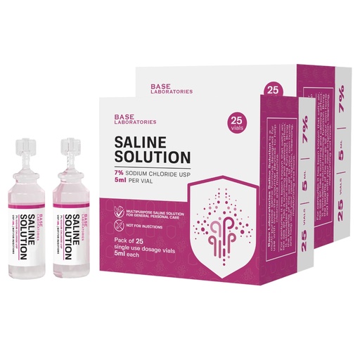 [BRSRGBDYBAAWODQ2] BASE LABORATORIES 7% Saline Solution Vials - Versatile 7% Sodium Chloride Saline Ampoules - Preservative Free Saline Solution Single use vials - USP Grade 50 Vials x 5ml Count