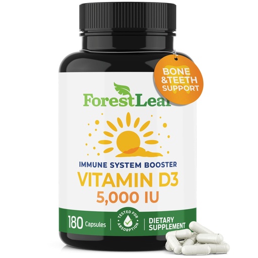[BRSWGA33A4OQG335] ForestLeaf Vitamin D3 5000 IU | VIT D - VIT D3 Vitamin D Supplements for Women and Men | Bone Health, Teeth and Immune Support | Easy to Swallow Pills | One Capsule Daily, 6-Month Supply, 180 Count