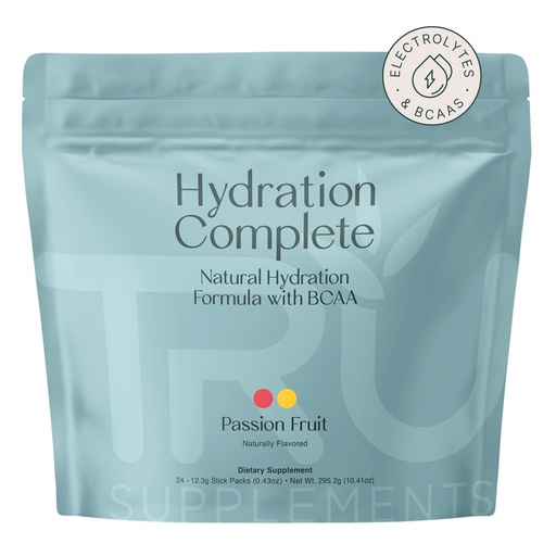 [BRSWYGLQAAFWEYIY] TRU Supplements Hydration Complete BCAA, Plant Based Amino Acids + Pink Himalayan Salt, Electrolytes & L-Carnitine, Vegan, Zero Calories, No Artificial sweeteners, 24 Servings, Passion Fruit