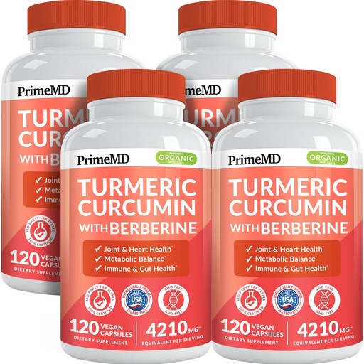 [BRSRACQFAAFA2C3X] 5-in-1 Organic Turmeric Curcumin Supplement (4210mg) with Berberine, Ceylon Cinnamon Bioperine and Ginger Supplements for Joint, Heart, Gut, & Metabolic Support (120 ct) (Pack of 4)