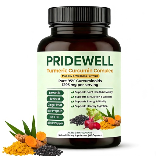 [BRSRGCADCUAR623L] PRIDEWELL Powerful Natural Turmeric Curcumin Capsules | (1,295 MG) 95% Curcuminoids with Bee Propolis, Ginger, MCT Oil, Fat-Soluble Vitamin C, Beetroot & Black Pepper | 60 Capsules