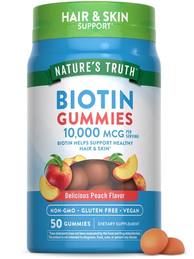 [BRSRMHQQPJ4AECLX] Nature's Truth Biotin Gummies | 10000mcg | 50 Count | Vegan, Non-GMO & Gluten Free Supplement | Peach Flavor