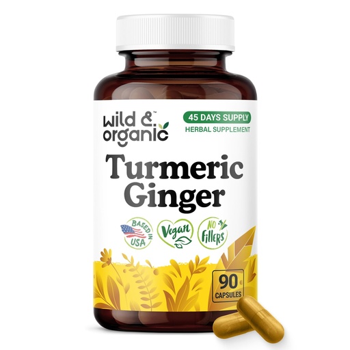 [BRSRAHA3BANGOE32] Wild & Organic Turmeric and Ginger Supplement Capsules - Mobility & Immune Support - Turmeric Ginger Black Pepper Supplement - 45 Days of Supply - Vegan, No Fillers, Non-GMO - 90 Count