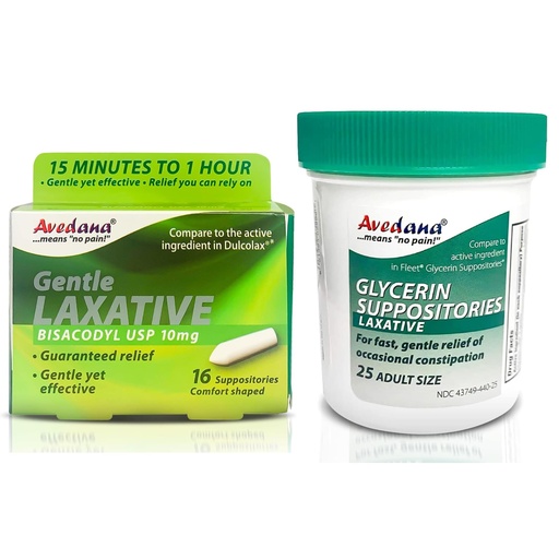 [BRSRAFIPBZ7QI33V] AVEDANA Constipation Relief Bundle - 25 Adult Glycerin Suppositories + 16 Bisacodyl Suppositories for Fast and Gentle Constipation Relief - Comfort Shape for Men and Women