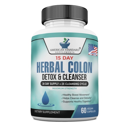 [BRSWGHAYAEBRQDTV] American Standard Supplements Colon Cleanse - 60 Veggie Capsules, 30 Servings – Herbal Blend with Psyllium Husk, Senna Leaves, Aloe Vera, Ginger, Cascara Sagrada & More