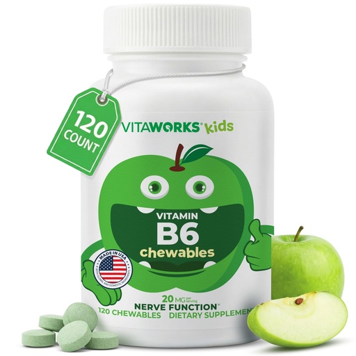 [BRSRGZD6PMCQ43TF] VitaWorks Vitamin B6 for Kids Chewable Tablets, 20mg Pyridoxine HCl, Green Apple Flavor, Vegan, Gluten Free, Non-GMO, Supports Nerve Function, 120 Chewables