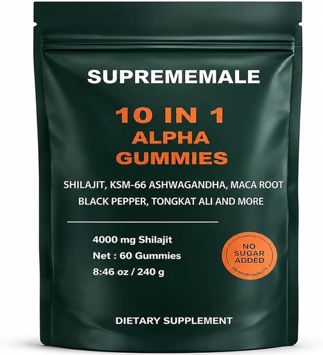 [BRSRYYICCB6RQYDB] Supreme Male 10 in 1 Alpha Gummies, Herbal Performance Blend with Shilajit, Ashwagandha, Tongkat Ali & Black Musli, Upports Daily Energy, Stamina & Male Wellness, Sugar-Free, Vegan | 60 Gummies