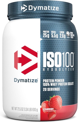 [BRSW2HY3PMFGAE3K] Dymatiser la poudre de protéines de lactosérum ISO100, fraise, 25g de protéines, 5,5g de BCAA, moins de 120cal., sans gluten, 1g de gras, 1g de sucre, 2g de glucides (20 portions)