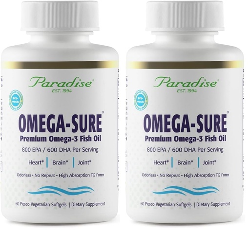 [BRSREAAEOFYQGA3L] Paradise Herbs Omega-Sure, Omega-3 Concentrate, Premium Fish Oil, DHA, EPA, Vegan, Non GMO, Gluten Free, 60 Count Vegetarian Softgels (Pack of 2)