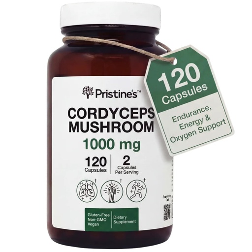 [BRSRAEA3PMIGOA3A] PRISTINE'S Cordyceps Mushroom Capsules - 60 Day Supply 1000 MG - Athletic Performance, Endurance & Immunity Adaptogen Supplement - Anti Aging Support Antioxidant Glass Bottle