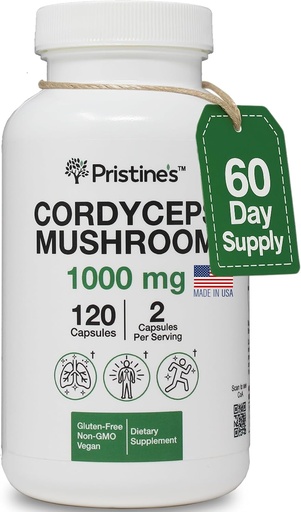[BRSRAEA3PMIGOA3A] PRISTINEのCordycepsのきのこのカプセル- 60の日の供給1000のMG -アスレチックの性能、持久力及び免除の適応物質の補足-反老化サポートAntioxidant