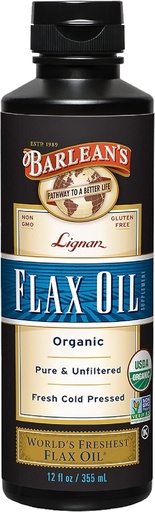 [BRSWIYA7B4JWY2DO] Barlean's Organic Lignan Flaxseed Oil Liquid Supplement from Cold Pressed Flax Seeds, 7,230 mg ALA Omega-3 Fatty Acids for Healthy Hair, Skin, and Eyes, Gluten Free, 12 oz