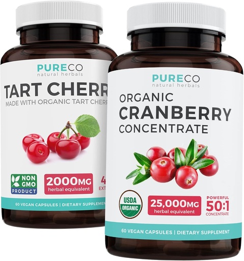 [BRSWYHQQCQHBOAD3] Bundle of Organic Cranberry Pills & Tart Cherry - Clean & Clear Bundle - Urinary Tract & Uric Acid Support - Organic Cranberry Pills - 50:1 Concentrate & Organic Tart Cherry Capsules - 4:1 Extract