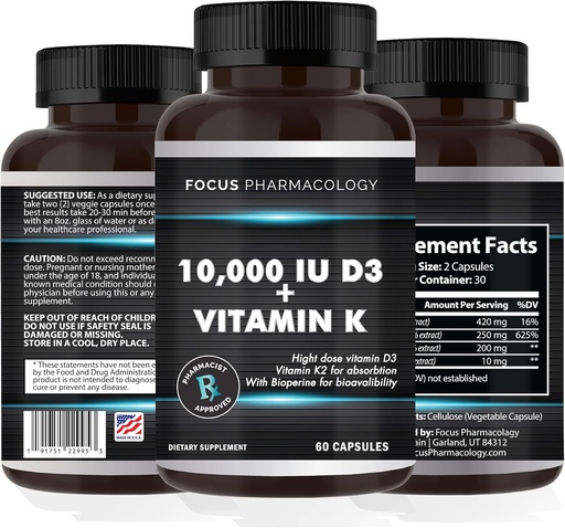 [BRSRMFT3BB5QEHIU] Vitamina K2 con D3 Suplemento de Fuerza Extra Bone ← Salud del Corazón Non-GMO Fórmula 10,000 UI Vitamina D3 &amp; 200 mcg Vitamina K2 (MK7)