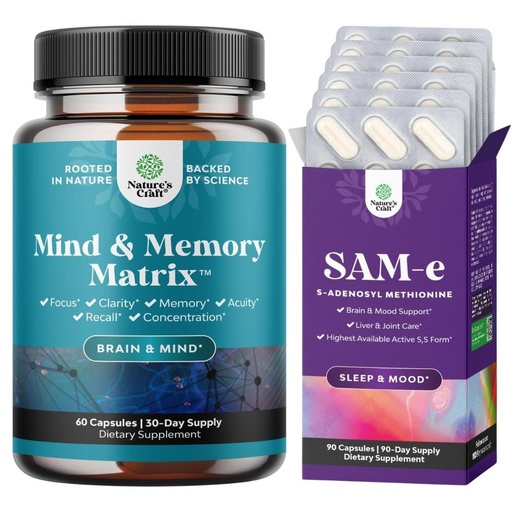 [BRSREEARPN7BAAIV] Bundle of Nootropic Brain Supplement - Mental Health & Clarity with VIT A B6 Riboflavin Niacin Thiamin Folate and Pure SAM E Supplement 150mg Per Serving Natural S-adenosylmethionine for Mood Balance
