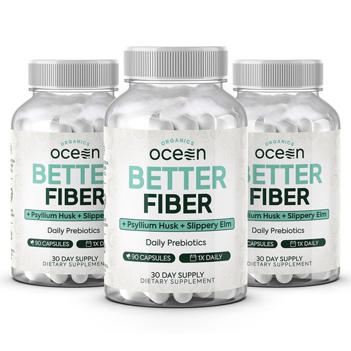 [BRSRAFICPN5QIH35] Organics Ocean Better Fiber - Daily Fiber Supplement - Soften Stool for Effortless Bowel Movements - with Psyllium Hulk and Slippery Elm - 3 Bottles