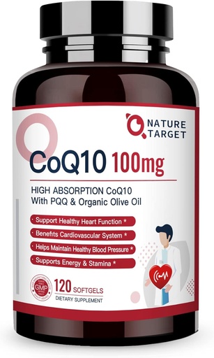 [BRSRM2T3OYNRAYAU] NATURE TARGET CoQ10-100mg-Softgels with 10mg PQQ - High Absorption Coenzyme-Q10 with Organic-Olive-Oil - Antioxidant for Heart & Brain Health, Cellular-Energy-Production, 120 Servings